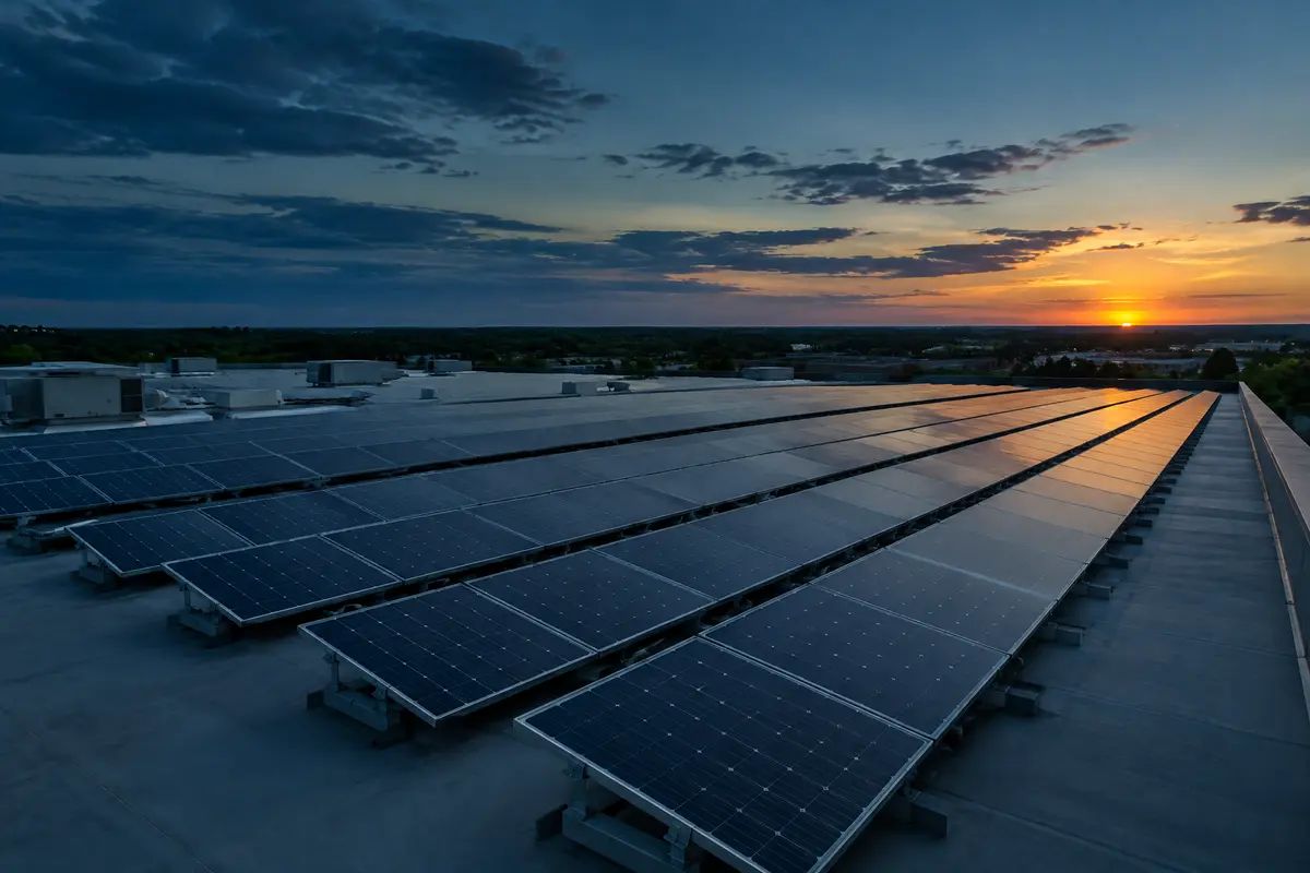 Rows of solar panels on a commercial roof at sunset