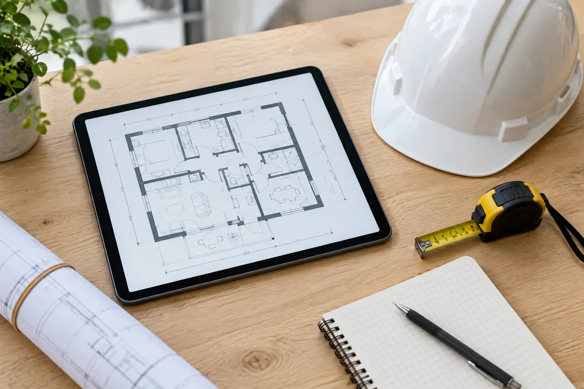 Surveyor's desk with a floor plan on a tablet, a hard hat, a tape measure and drawings